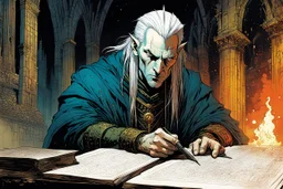 create a portrait of Elric of Melnibone, studying an arcane manuscript in a ruined Medieval scriptorium , in the graphic novel style of Bill Sienkiewicz and Jean Giraud Moebius, highly detailed facial features, grainy, gritty textures, foreboding, otherworldly and ethereal