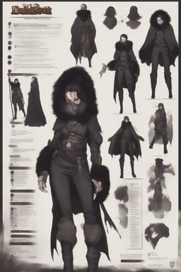 A dnd character sheet. A woman dressed for the cold north dressed in dark furs, with black hair. Death cleric wearing a mask, female woman girl