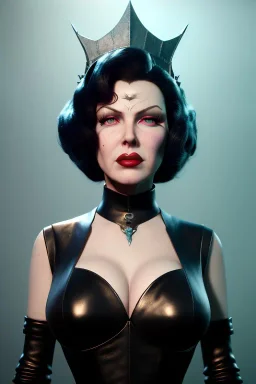 Lana Turner as evil queen in black leather, leather, busty, cleavage, angry, stern look. character design by cory loftis, fenghua zhong, ryohei hase, ismail inceoglu and ruan jia. unreal engine 5, artistic lighting, highly detailed, photorealistic, fantasy