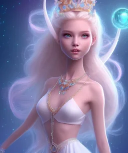 cosmic petite princesse belle fine, cheveux longs,profil de trois quart, grand front cosmique, fairy style, peau bleu cristalline, yeux bleu, perle sur le front long cheveux blond et rose etoilé, cristaux sur le corps, collier de grande princesse, levres souriante, très jolie sourire