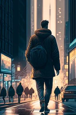 Animated drawing of a man walking in the hyperrealistic 8k city