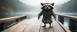 close up on huge dented glowing ghost transparent raccoon gremlin troll in designer clothes in fast boat with googly eyes, raised by ninja necromancer in the wild, on wooden bridge by lake in surreal reflecting stone chrome landscape, background motion blur, volume light fog, rays, 4d maze