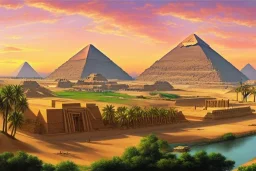 An ancient Egypt city at the Nile, pyramids in the background, Egyptian temples, by James gurney, lush vegetation, sunrise, stunning environment, perfect composition, professional digital painting, super highly detailed, wide-angle, extremely realistic, diffused lighting, 8 k Uhd, god rays