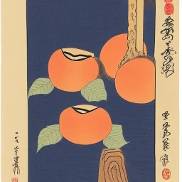 Ukiyo-e style illustration of three peaches stilllife