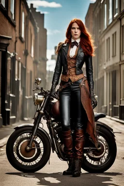 full-height portrait of a woman with straight shoulder-length auburn hair, with metal arms and legs, dressed in leather trousers, and a waistcoat, in a Victorian street next to a steampunk motorbike blue sky