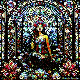 Stained Glass Art Nouveau art style A beautiful as a model asian woodland elf princess who looks like a young Lucy Liu seated on a throne surrounded by poppies and marijuana leaves in a mystical forest, photo-realistic