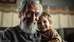 Elderly Grandfather and little child grandson happy together, exquisite composition, beautiful detailed intricate insanely detailed octane render trending on artstation, 8k artistic photography, photorealistic concept art, soft natural volumetric cinematic perfect light, chiaroscuro, award-winning photograph, masterpiece, raphael, caravaggio, Alma Tadema, Bouguereau