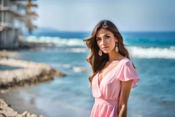 long shot, beautiful Turkish girl with nice blue eyes wearing a pink - blue dress walks in shore toward camera , sharp focus whole wiew, natural light, vertical composition, relaxed and natural, fresh and comfortable ,in seaside there are luxury beach hotels.