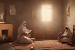 A close-up scene of an Arab mother reading the story from a book with her children around her in the room of the old wooden house near the fireplace 100 years ago.