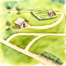 aquarell painting of satellite view of grassy fields, sand trails, wooden walkways, benches, tiny hut, hedges