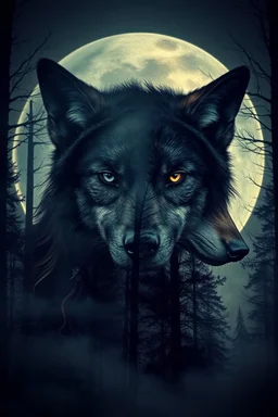 double exposure stunning woman-wolf hybrid portait, forest, moon, smoke, ultra-high detailed, deep dark colors, dark fantasy, intricate detail, cinematic, masterpiece, sharp focus, dark ethereal fantasy, hyperdetailed, atmospheric , dark surreal fantasy