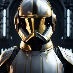 star wars bald male corellian pilot wearing pearlescent black and gunmetal grey First Order special forces heavy assault armor and helmet with gold trim inside the jedi temple, centered portrait, hyperdetailed, dynamic lighting, hyperdetailed background, 8k resolution, volumetric lighting, light skin, fully symmetric details