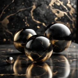 Hyper Realistic Black & Golden marble balls on a glass surface with dark rustic background