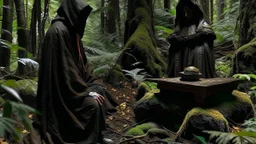 black hooded monk before stone altar in the forest