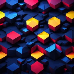 Hyper Realistic Low-Poly Big Hexagonal Patterns with Neon Glow [Navy-Blue Red & Yellow & Grungy Black Background].