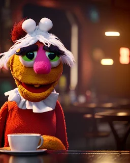 Pub, hybrid character, waitress woman with monster muppet mask that covers her entire head, retro style, Sesame Street style, smooth, unreal engine 5, god lights, ray tracing, RTX, lumen lighting, ultra detail, volumetric lighting, 3d.