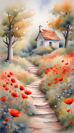 A little path meanders through the trees to the cottage in the distance lots of poppies and wild flowers gentle watercolour elegant intricate very attractive beautiful award winning imperial colors high definition crisp quality very cute pastel colors splash aquarelle elegant fantasy intricate oil on canvas very attractive beautiful high definition crisp quality colourful quality very cute abstract magical , needs to be a bit more natural colours