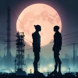 silhouettes of two androids facing each other against a giant glowing full moon, abstract industrial powerline tower and city background, pastel neon glow backlighting, photolayer painterly styles, double exposure, dramatic, moody, romantic, by Pascal Campion and Petros Afshar,