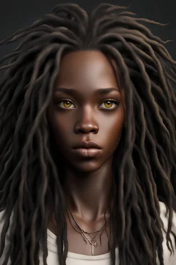 realistic black woman, young, soft face, cunning eyes, long dreadlocked hair, very dark skin