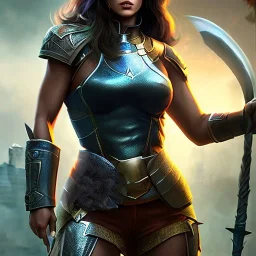 Full body, fantasy setting, heroic fantasy, woman, dark skin, Indian, 20 years old, half-hawk haircut, magician, warrior, hourglass body shape, bicolor hair, muscular, cinematic