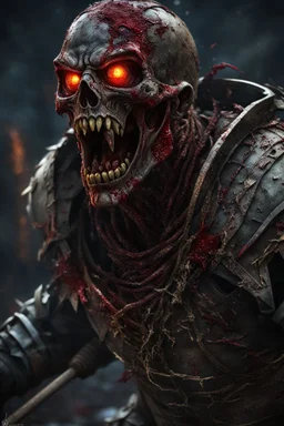 a rotting zombie attacking. empty eyes. armor melted into the skin. blood.. broken bones. bleeding eyes. broken fangs. broken jaws. broken armor. gloves.intense horror. blind terror. scared to death. no weapons. no helmet. a masterpiece, fantasy concept art, dynamic lighting, hyperdetailed, intricately detailed, deep color, Unreal Engine, volumetric lighting, Epic cinematic brilliant stunning intricate meticulously detailed dramatic atmospheric maximalist digital matte paintin