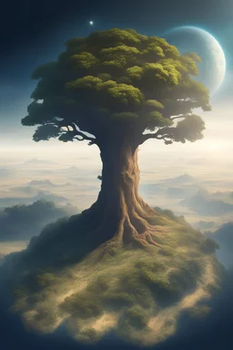 view from space. a gigantic tree grows out of an continent. World tree concept art wide oak