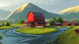 Looking across a torrential dangerous river to a village of new wooden houses, circular wooden church, and farm buildings, and mountains in the far distance, highly detailed, realistic, sunshine, RTX