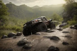 redshift style, photorealistic macro shot, black toy RC off-road trucks climbing a very steep huge boulder, earth color palette, sunset, sharp focus, puddle reflection, refraction, god rays, very rocky terrain, very huge boulders, boulders, detailed and intricate, intense cinematic composition