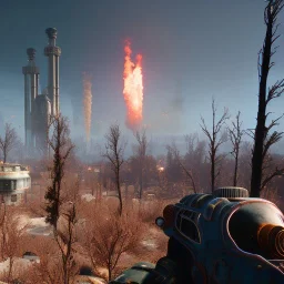 view from megatower of fallout 4 world with big monster roaming, explosion in distance