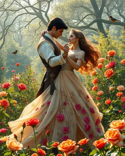 Beautiful Princess Romantic dancing salsa with handsome prince in Wild garden, flower beds, fractal ornamentation, over detailed, gloriously full and confusing, nothing that really exists, everything made up, fantasy world, sweet briar, photography graphic art, song birds, ochre rose, rose buds, dewy morning, forest of oaks,