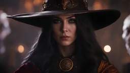 masterpiece, perfect anatomy, 32k UHD resolution, depth of filed, best quality, highly details, realistic photo, professional photography, vivid color, face focus, cowboy shot, (female Wizard:1.2), Wizard robe, glowing eyes, dark fantasy, (Paint the portrait of a cursed sorceress, her eyes ablaze with malevolent power, surrounded by a legion of spectral familiars), cinematic angle, cinematic lights,