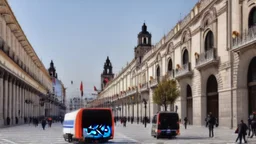 A police Tesla Cybertruck is chasing a Tesla 'Model S Plaid' at top speed, across the 'Plaza de la Constitución', in the city of Mexico. CINEMATIC. WIDE ANGLE LENS. PHOTO REAL.