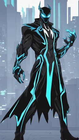 Mix between genji and venom symbiote in solo leveling shadow style with neon glowing blue