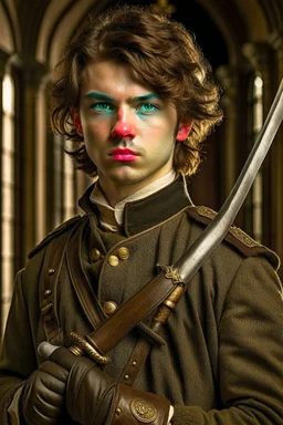 european brown hair young adult royal guard swordsman with rapier dieselpunk