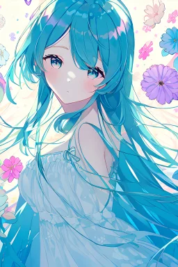 hatsune miku wear white lace tank dress, looking sideways to the front, her body has good anatomy. Surrounded by a colorful wildflowers with mild pastel colors. The lush greenery and light complete this enchanting scene, she bringing an ethereal presence to the european style garden. the sundress adorned with delicate floral patterns that complement her hair color. masterpiece,