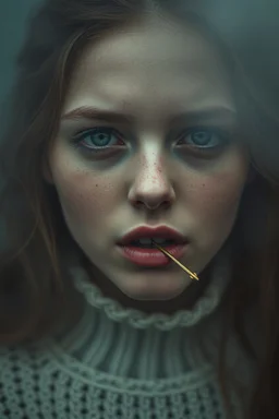 Extremely realistic photo of a beautiful girl, fog, general foul weather, (Rembrandt Lighting), zeiss lens, ultra realistic, (high detailed skin:1.2), 8k uhd, dslr, Dramatic Rim light, high quality, Fujifilm XT3, artwork in pale distressed tones , minimalistic approach, blends old world aesthetics art with elements of distressed painting and illustration, shadow play, high conceptuality, palette inspired by Charlene Mc Nally, Carne Grif, holding a tooth pick in her mouth