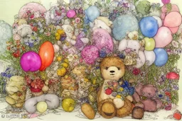 line art, watercolor wash, ( patchwork teddy bear sitting amongst flowers and balloons) brian froud style, carl larsson style, colourful palate, perfect composition, detailed background by daniel_merriamn summers day, studio photo, intricate details, highly detailed highly detailed elegant studio lighting intricate beautiful award winning crisp quality colourful very cute Daniel Merriam Daniel Gerhartz midjourney quality