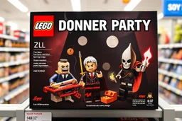 Lego box displayed for sale on a store shelf with the Lego brand Logo in the top left corner. Text: "DONNER PARTY" for the exact text title of the box across the top in a vibrant bold clear font. Add graphics for Age Range with random age ranges. Images on the box are extremely satirical darkly sinister creations importantly all made of individual legos with pronounced well-defined lego raised pip textures on all surfaces! Box images are extremely clever and sardonically inventive based on 1880