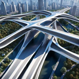 Vista aérea Puente vehícular estilo Zaha Hadid, calidad ultra, hiperdetallado, 12k