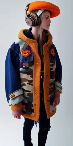 Brunette she. average body type. big head. Mantle is sewed of upcycled Denim and sewed together of camouflage pieces. Pieces' color are orange, cream and purple. It is with big bright purple felt tippet and cream-colored-hood. mantle is merged with satchel. . Big AKG-style headphones (gold rings!) is merged with small felt cap with small visor. Style: Haute Couture in 1920's, N.Y.C fashion in 1996, inspired by street art. Cream latex gaiter. Her head and rest body!