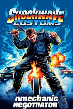 "Design a 90s-style action movie poster titled 'Shockwave Customs' with a blue theme and blue flames. Feature a super heroic mechanic in the foreground, fiercely battling thousands of adversaries with a spanner. In the background, show cars doing burnouts, creating a dynamic and intense scene. Capture the high-energy, gritty aesthetic of classic 90s action films. Prominently display the subtitle 'mmechanic negotiator' in bold, impactful lettering."