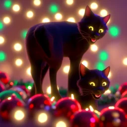 black Cat tangled up in christmas tree lights holiday