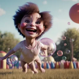 Ultra realistic circus scene. Sweet big hair monster flying. Child’s playing, strong man, smile, happy, color bubbles, smooth color, waist up view, Wes Anderson style, dark ambient, highly detailed, concept art, unreal engine 5, god rays, ray tracing, RTX, lumen lighting, ultra detail, volumetric lighting, 3d, finely drawn, high definition, high resolution.