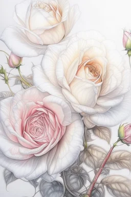 drawing of white and pink buds of unopened roses, pastel, more delicate than delicate, intricate details, bright, colorful, delightfully beautiful, tender, the smallest details are visible, Photorealism, close, the smallest drawing, airy filigree execution, close-up, detailed drawing,5d ,radiance, haze, clear contours, aesthetically realistic, fantastically bright professional photos, 24mm lens, f/8.0. 1/4000s, ISO 2000