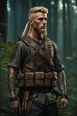 photorealistic hyperdetailed portait of 20-year-old german male, as mercenary with long blonde undercut hair, tribal tattoos and neatly trimmed beard wearing modern mercenary uniform dark fantasy forest backdrop