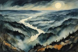 Aerial view painting of an expansive mist laden, rock strewn river forest landscape, pierced by shafts of pale moonlight , in the Expressionist style of Egon Schiele, Oskar Kokoschka, and Franz Marc, in muted natural colors,