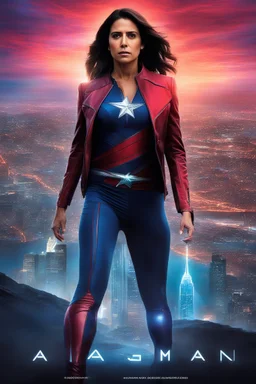 chiaroscuro, deep shadows, masterpiece, rich deep colors, highly detailed, movie poster - "MAGA MAN" starring Tulsi Gabbard as Lady Maga, Extremely Muscular, Skintight, formfitting, maroon and cobalt female suit with short skirt, Blue cape, Silver boots, multicolored Lightning, Multicolored vortex, neon lit futuristic cityscape, mist, fog