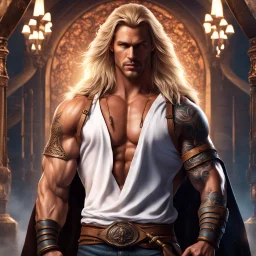 handsome warrior king, muscular, long blonde hair, male age 30, wearing jeans and a white shirt, tan skin, tattoos,photorealistic 4k modern fantasy