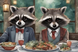 raccoon couple on a dinner date an anime illustrated art style with a watercolor background