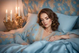 A beautiful woman with short brown hair in pastel blue lace robe is lying on a bed in a cute luxurious bedroom gold tapestry in the candlelight